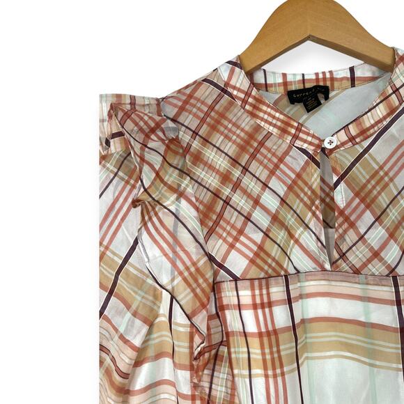 Anthropolgie Current Air | M | Polly Ruffled Peasant Blouse Plaid Semi Sheer Top - Picture 3 of 6